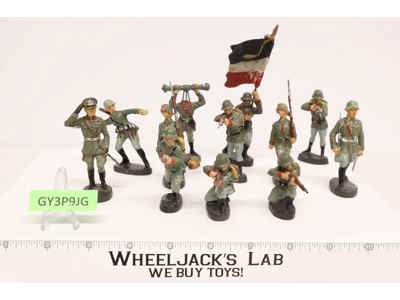 WWII German Soldiers (12) 3" Elastolin Vintage w/ Weapons Firing Crouching Flag