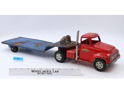 Red Truck & Blue Lowboy Trailer Pressed Steel 1950s Tonka Vintage Semi Truck
