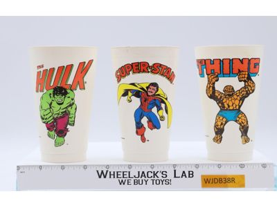 Set of 3 Marvel Superhero 1975 7 Eleven Slurpee Cups Hulk Thing Superman