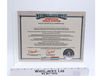 G.I. Joe Certificate Live the Adventure Operation Space Station 1987 Hasbro