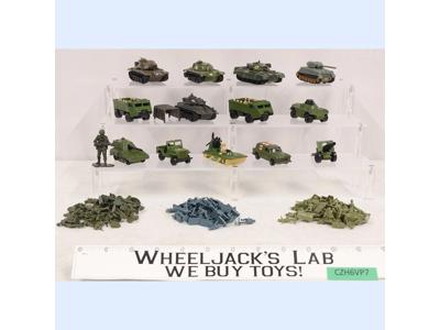 Lot of 13 Military Vehicles/Tanks/Trucks + Mini Toy Soldiers Matchbox/Zylmex