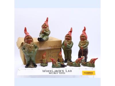 Lot of 9 German Heissner Terracotta Pottery Garden Gnomes 1950s 6.5" & 3"