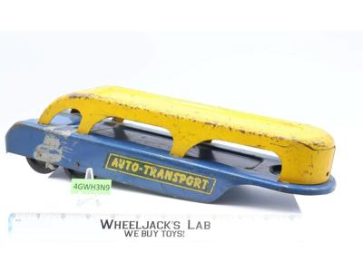 Yellow and Blue Auto Transport Pressed Steel 16" Vintage Toy Truck Trailer