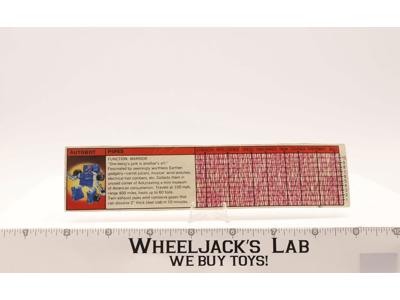 Pipes Action Figure Tech Specs 1986 Vintage Hasbro G1 Transformers