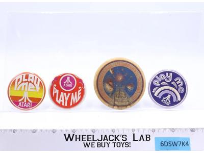 Lot of 4 Atari Pins Pinbacks Buttons Play Me International Asteroids Tournament