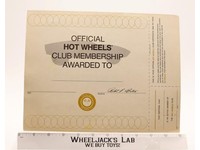 Official Hot Wheels Club Membership Certificate UNUSED