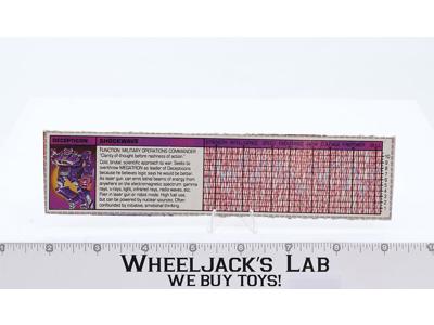 Shockwave Action Figure Tech Spec 1985 Vintage Hasbro G1 Transformers