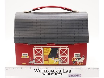 1958 Red Barn Open Door Version METAL Dome Top LUNCH BOX w/ THERMOS Vintage