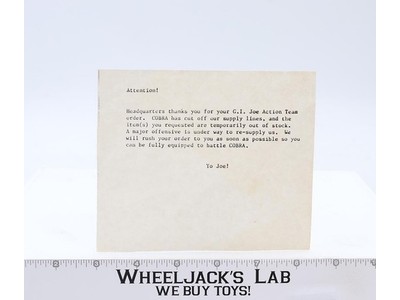 Out of Stock Notice/Letter G.I. Joe Hasbro Vintage