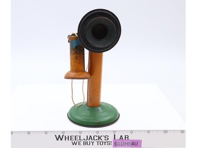 Vintage Tin / metal Toy Candle stick Telephone Yellow Green Children's Phone.