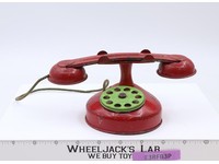Vintage Tin / metal Toy Rotary Telephone Red Green Childrens Play Phone.
