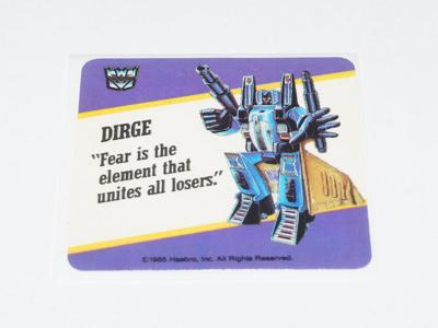 Dirge Transformers Action Trading Card Motto Sticker Insert 1985 G1 Hasbro