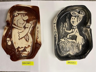 Fred Wilma Flintstones 2 Ceramic Ashtrays Arrow Houseware Hanna-Barbera 1961 Vtg