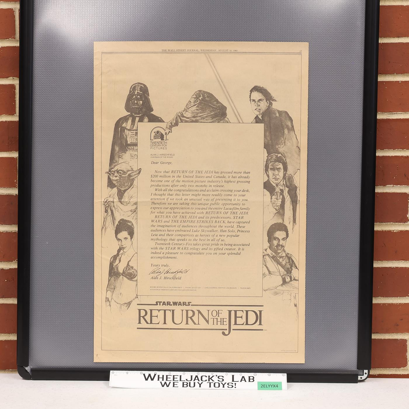 Star Wars ROTJ 1983 Newspaper Clipping Letter from Alan J. Hirschfield